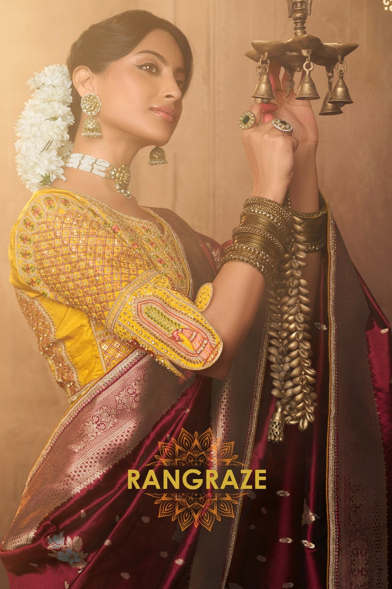 Maroon Banarasi Silk Saree with Embellished Gold Zari Border and Designer Blouse