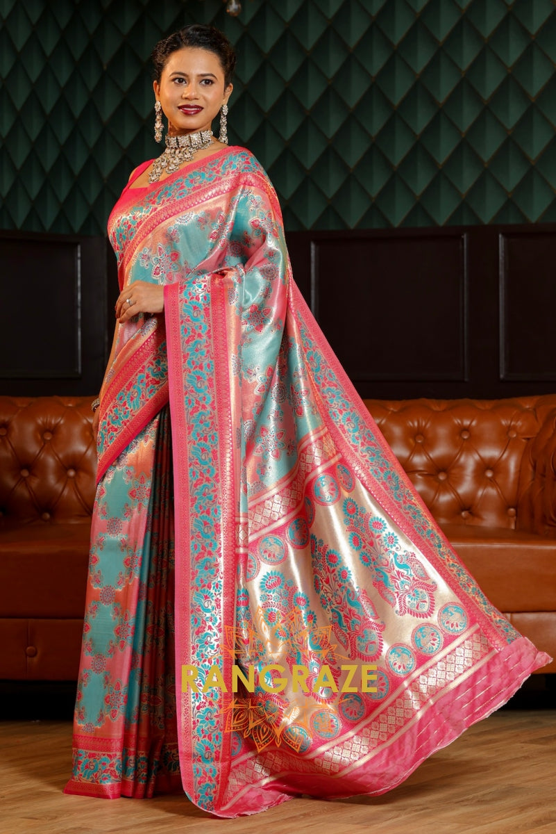 Pastel Teal and Rose Pink Rangkaat Soft Silk Saree with Ornate Floral Zari Detailing