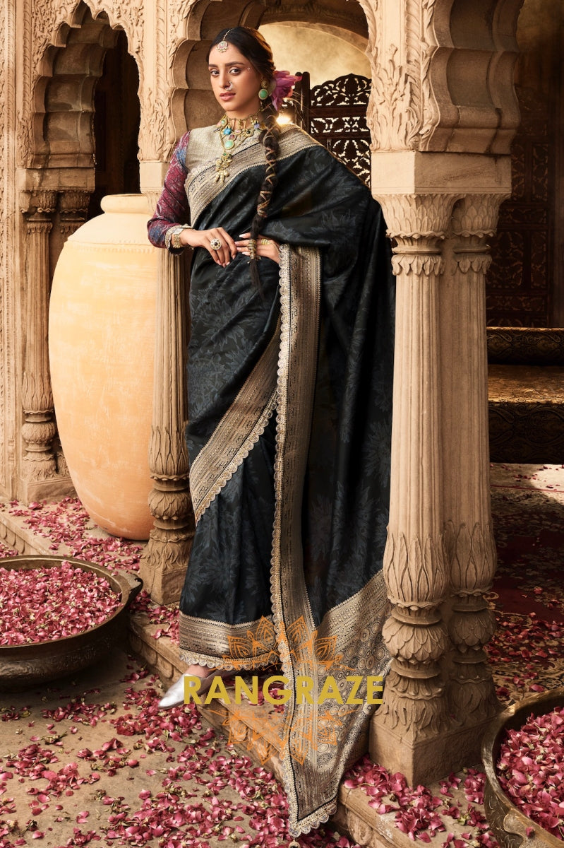 Midnight Black Banarasi Silk Saree with Gold Zari Border and Designer Blouse