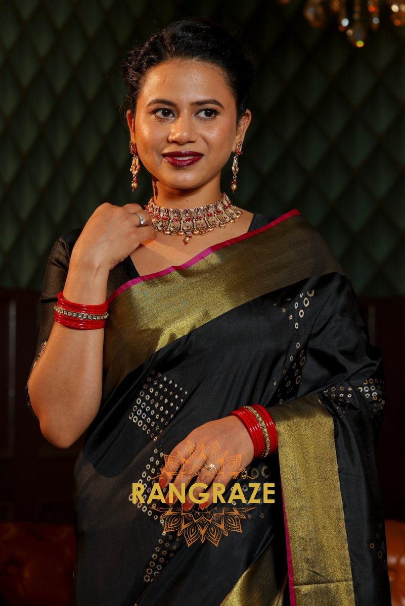 Black Handloom Silk Saree with Gold Zari Border and Intricate Motifs