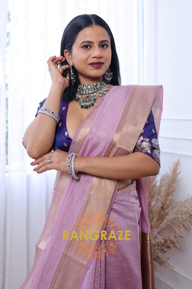 Soft Lavender Chanderi Silk Saree with Golden Zari Border and Jacquard Blouse