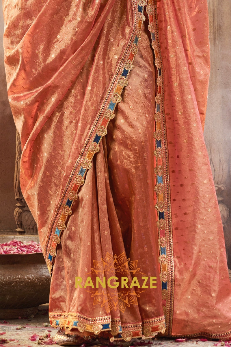 Peach Glow Tissue Saree with Intricate Lace and Designer Embroidered Blouse
