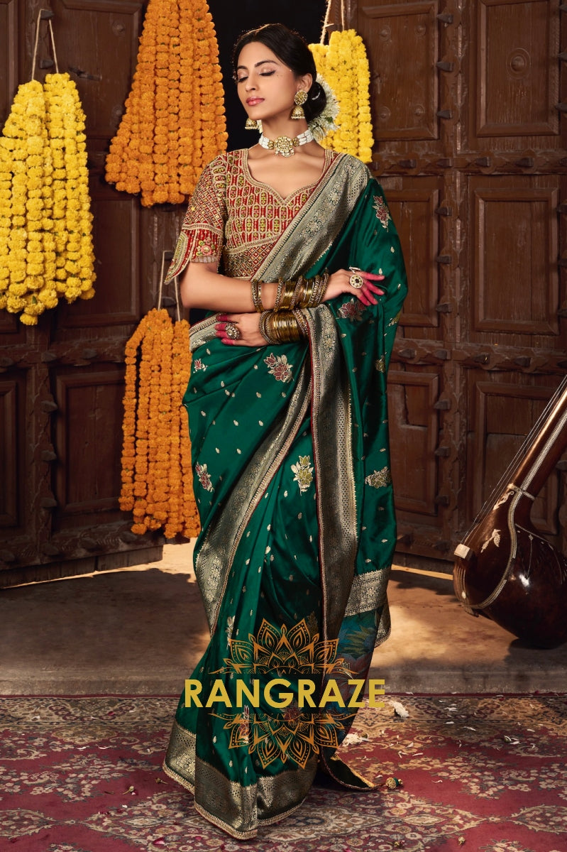 Emerald Green Banarasi Silk Saree with Gold Zari Accents and Detailed Designer Blouse