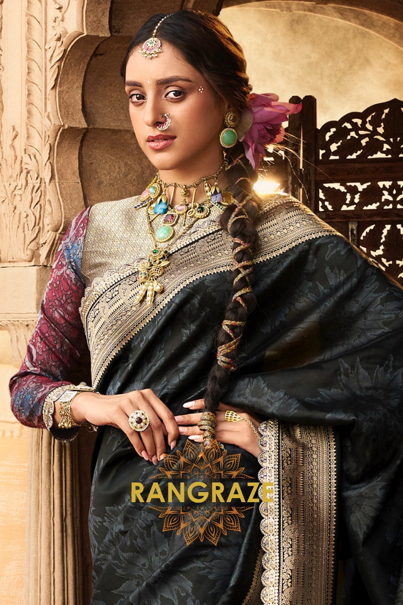Midnight Black Banarasi Silk Saree with Gold Zari Border and Designer Blouse