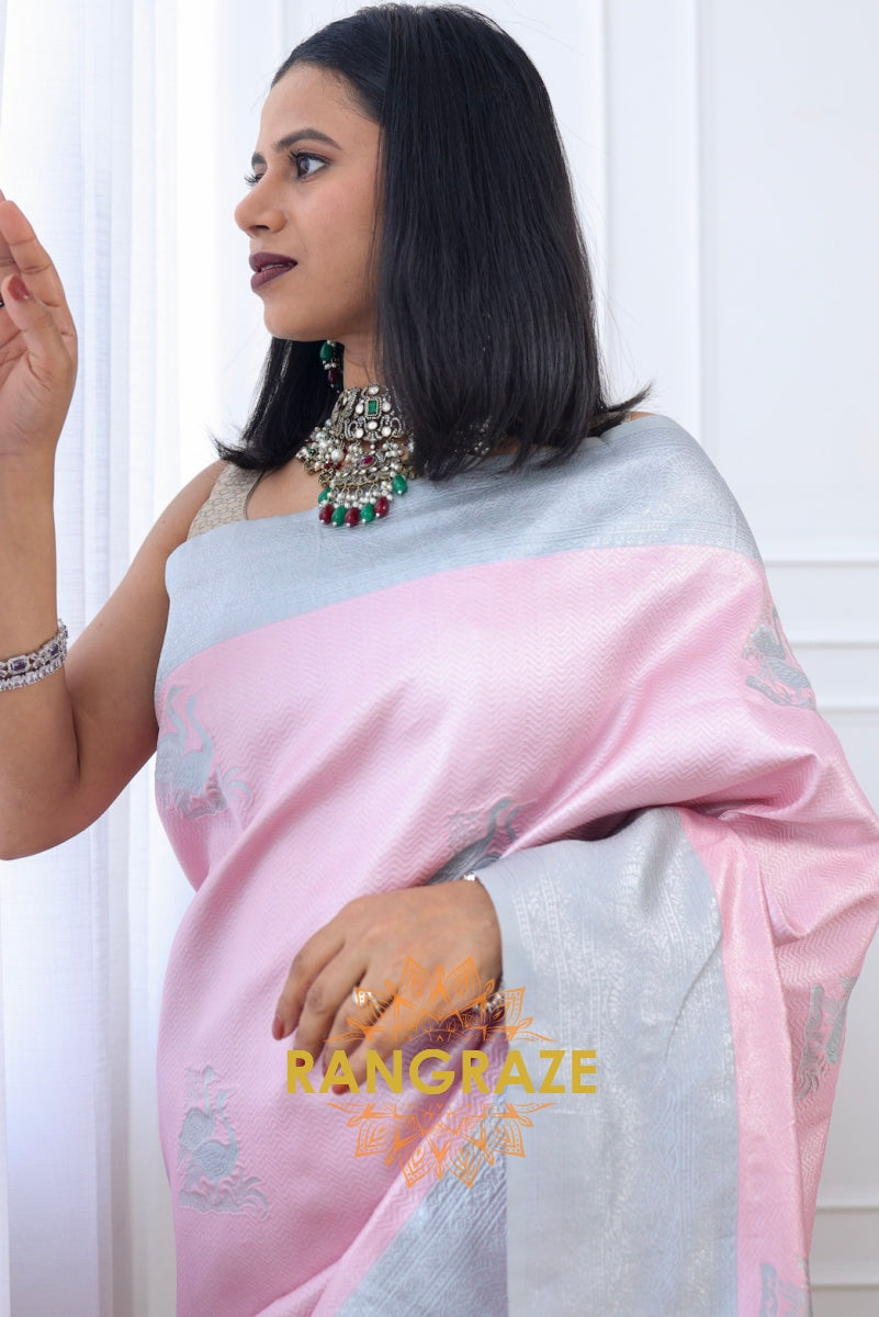 Pastel Pink and Silver Blended Silk Saree with Delicate Zari Work