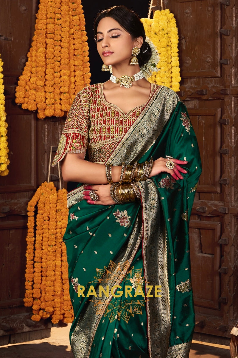Emerald Green Banarasi Silk Saree with Gold Zari Accents and Detailed Designer Blouse