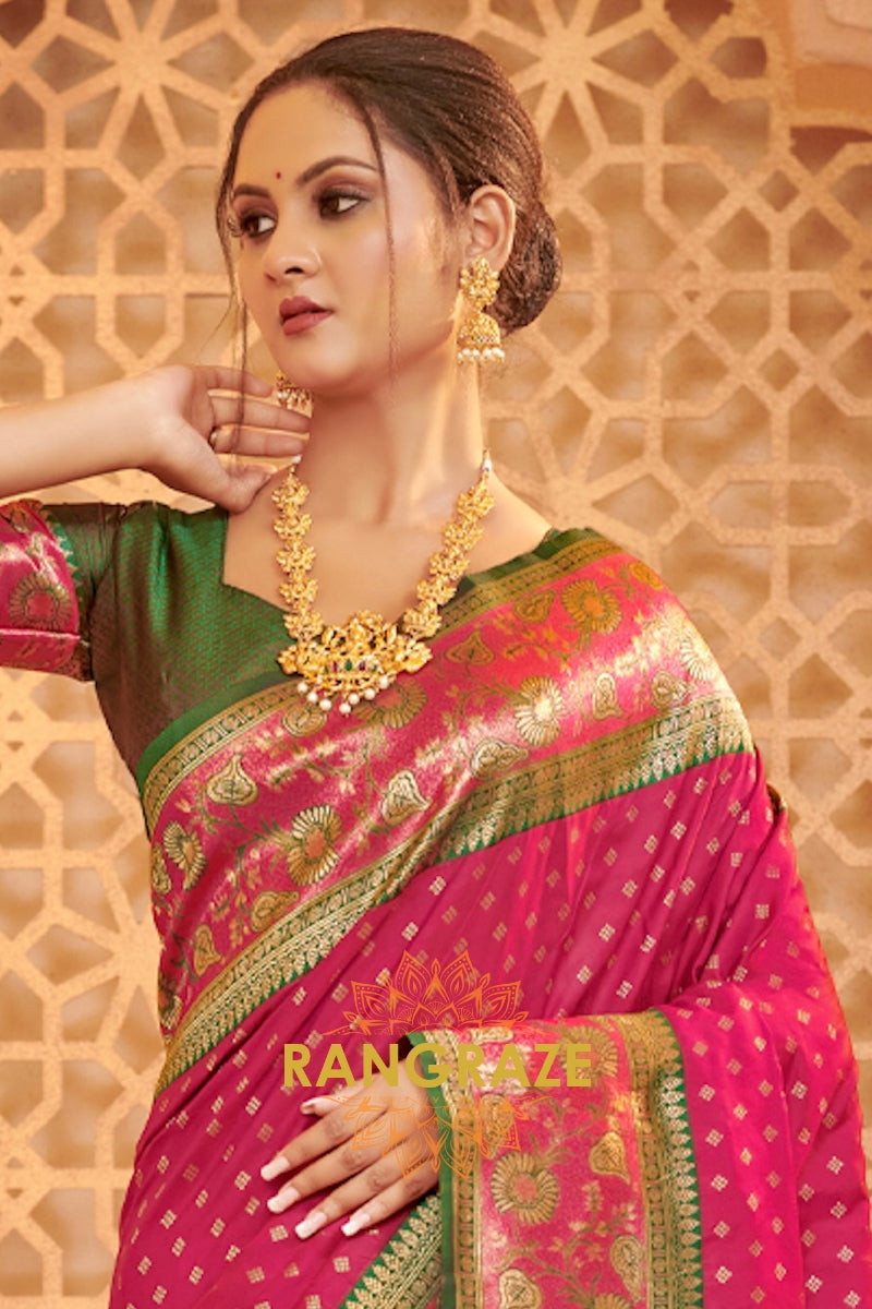 Rani Pink Woven Banarasi Silk Saree