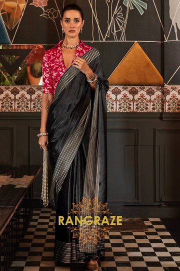 Onyx Black Banarasi Soft Silk Saree with Rose Contrast Blouse