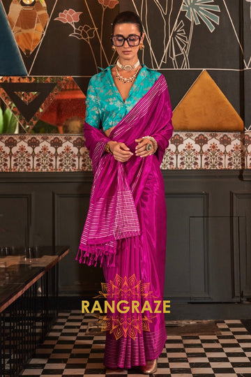 Pink Banarasi Soft Silk Saree with Turquoise Contrast Blouse