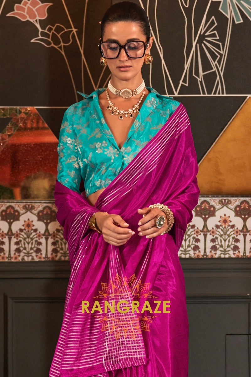 Pink Banarasi Soft Silk Saree with Turquoise Contrast Blouse