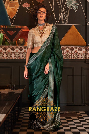 Emerald Green Banarasi Soft Silk Saree with Champagne Gold Contrast Blouse