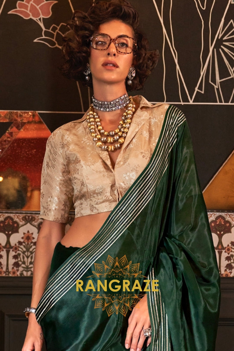 Emerald Green Banarasi Soft Silk Saree with Champagne Gold Contrast Blouse