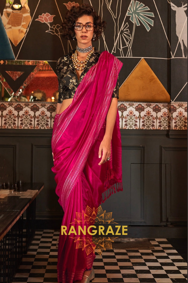 Berry Red Banarasi Soft Silk Saree with Ebony Contrast Blouse