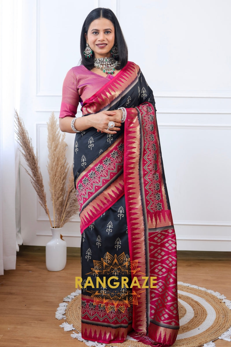 Midnight Ruby Banarasi Silk Saree with Ikkat-Inspired Pallu