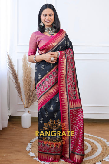 Midnight Ruby Banarasi Silk Saree with Ikkat-Inspired Pallu