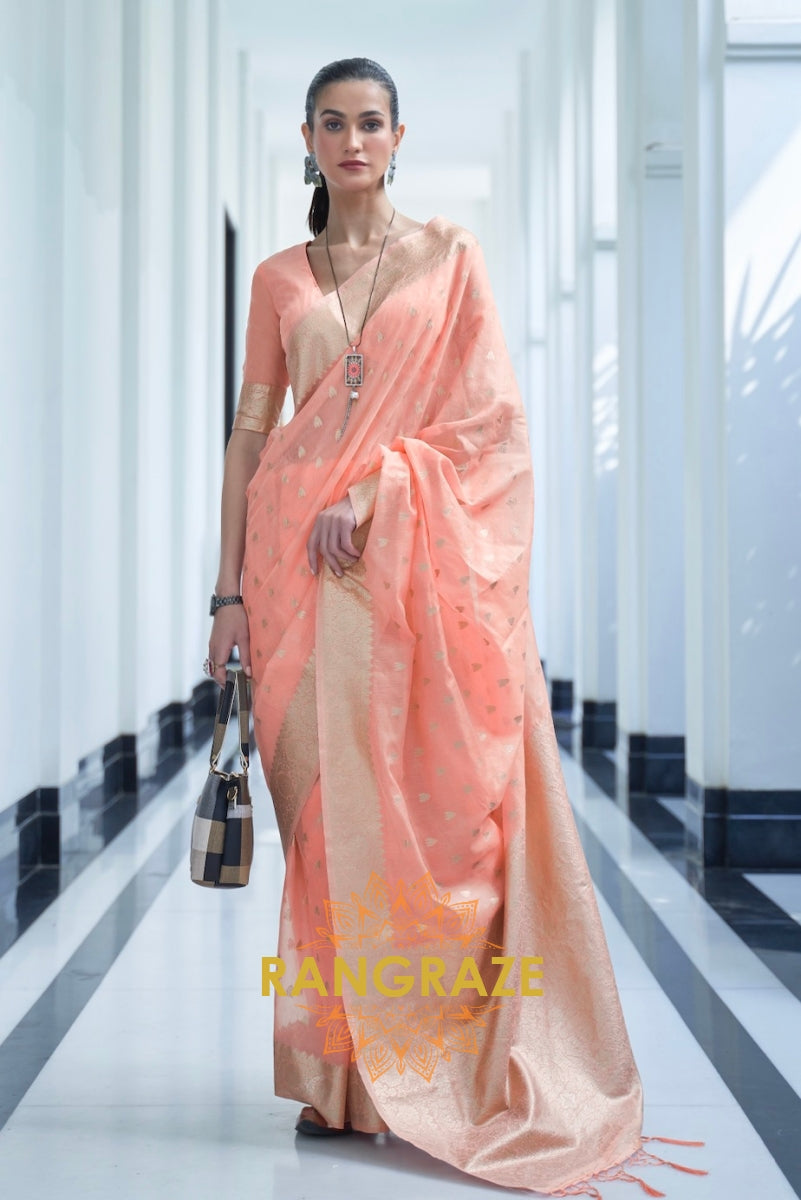 Orange Pulp Banarasi Woven Kora Silk Saree