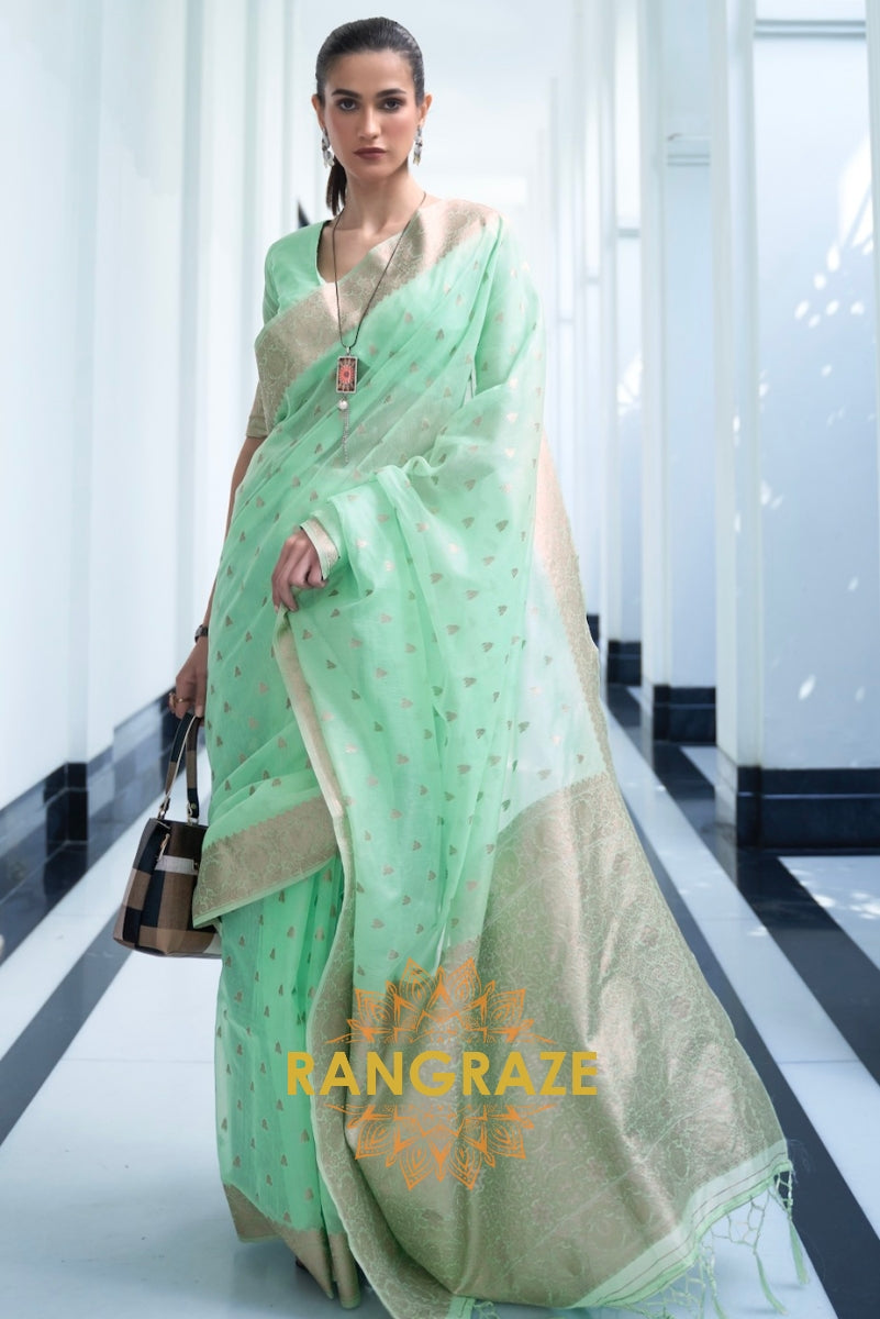 Sea Green Banarasi Woven Kora Silk Saree