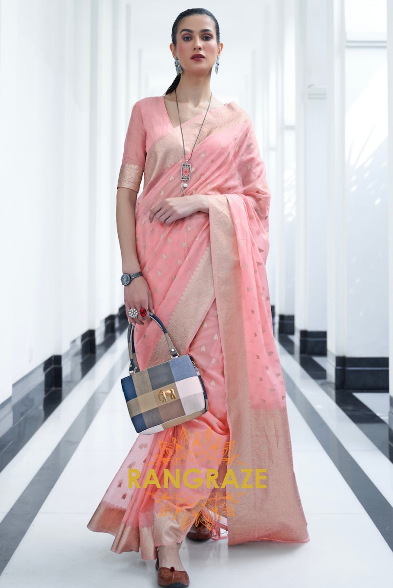 Pink Delight Banarasi Woven Kora Silk Saree