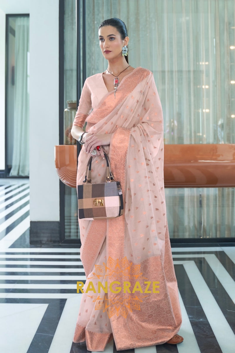 Peach Grey Banarasi Woven Kora Silk Saree