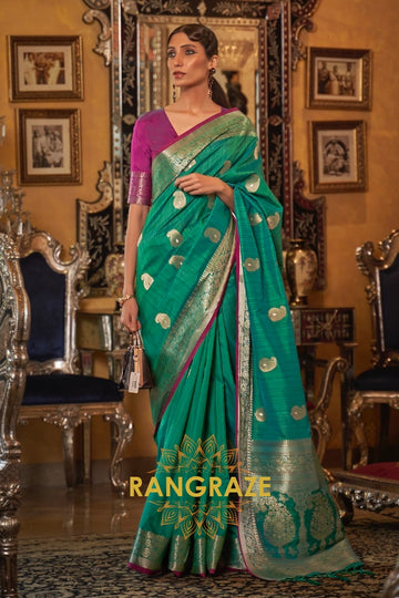 Classic Teal Green Woven Banarasi Tussar Silk Brocade Saree