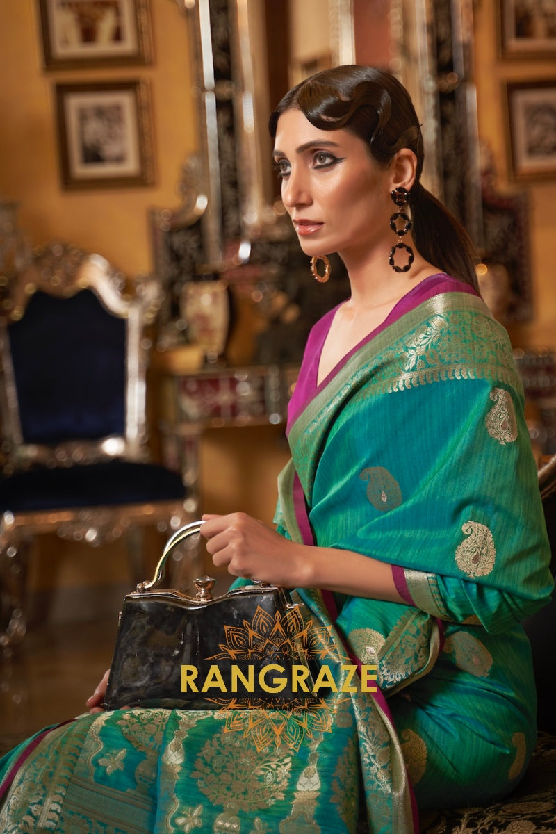 Classic Teal Green Woven Banarasi Tussar Silk Brocade Saree