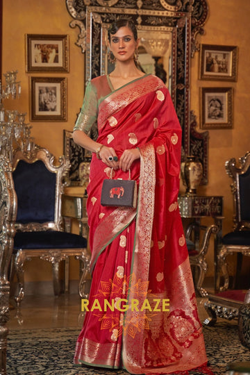 Classic Ruby Red Woven Banarasi Tussar Silk Brocade Saree