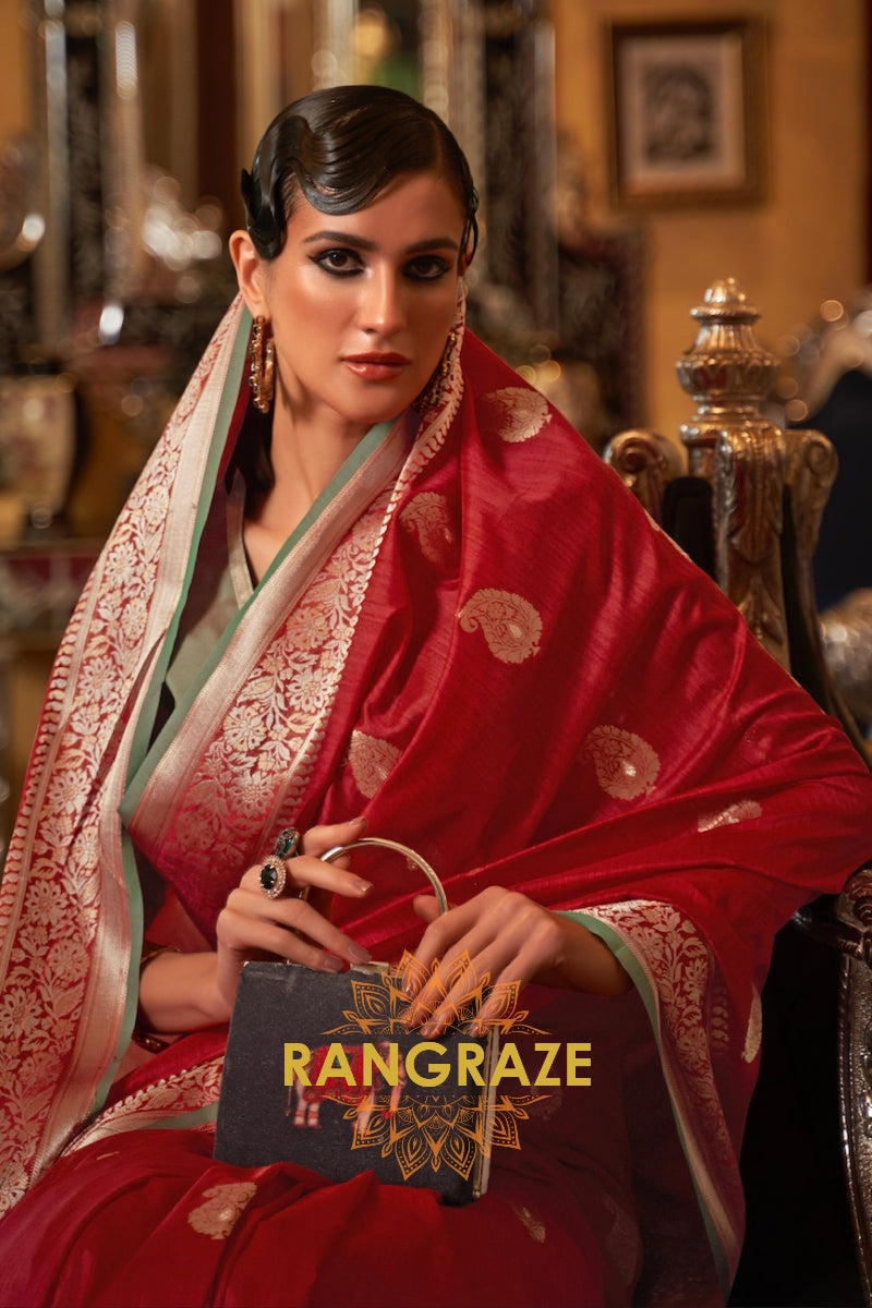 Classic Ruby Red Woven Banarasi Tussar Silk Brocade Saree