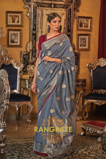 Classic Metal Grey Woven Banarasi Tussar Silk Brocade Saree