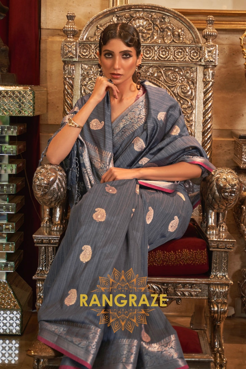 Classic Metal Grey Woven Banarasi Tussar Silk Brocade Saree