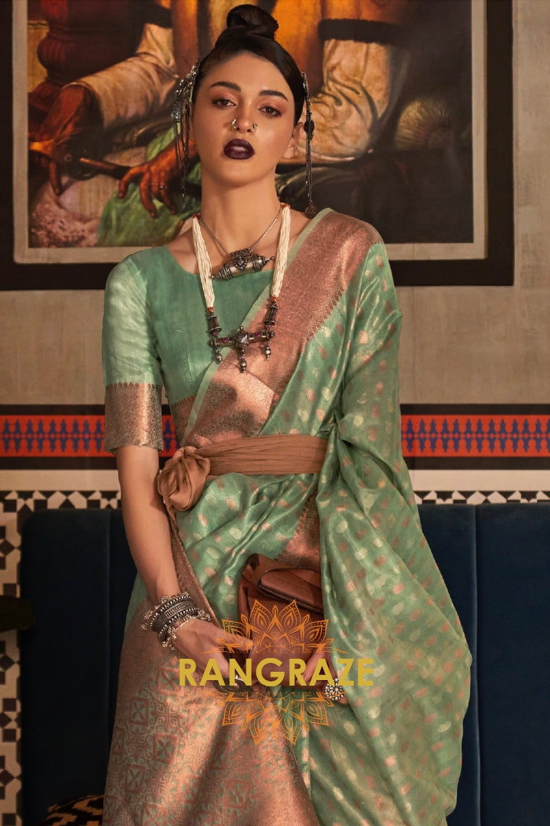 Mystic Turquoise Banarasi Tissue Woven Silk Saree