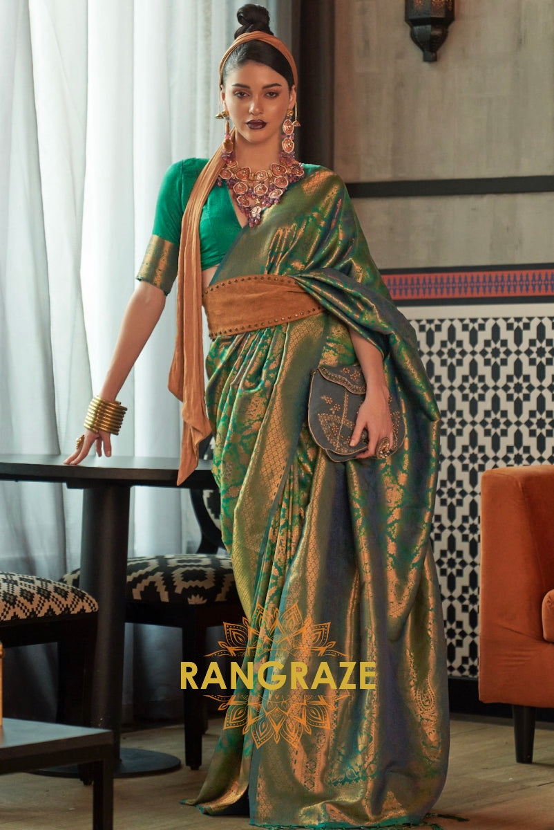 Royal Green Woven Kanjivaram Brocade Silk Saree