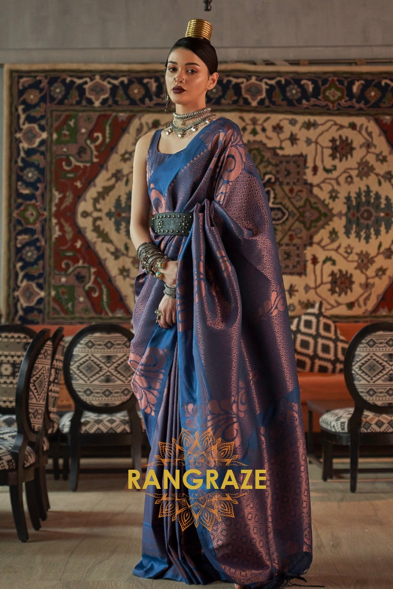 Majestic Indigo Blue Woven Banarasi Brocade Silk Saree