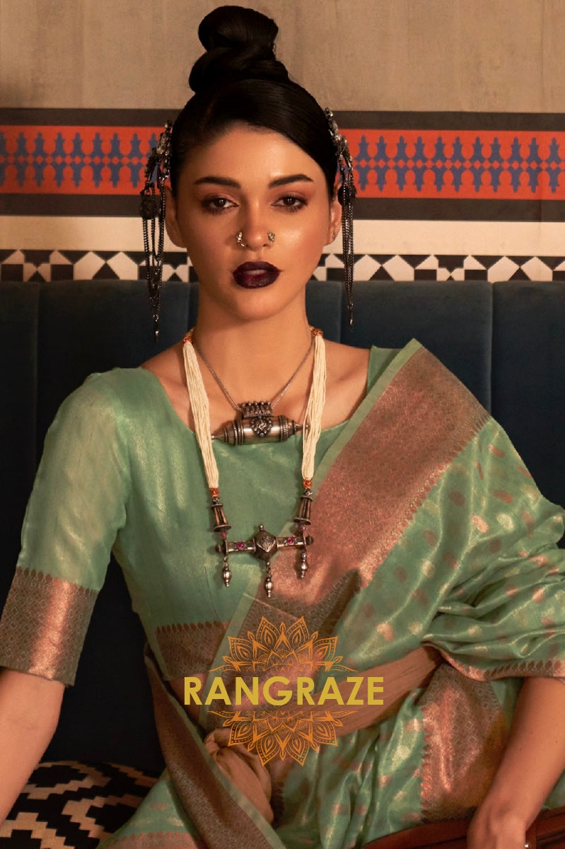 Mystic Turquoise Banarasi Tissue Woven Silk Saree