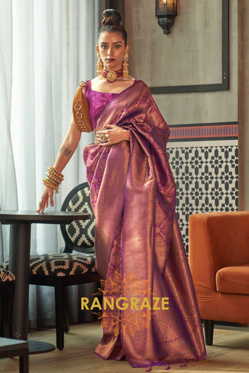 Royal Purple Woven Kanjivaram Brocade Silk Saree