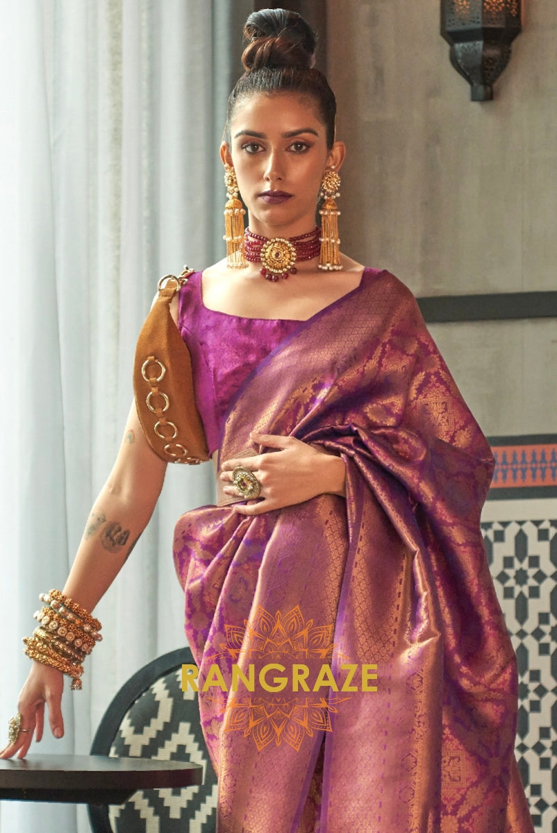 Royal Purple Woven Kanjivaram Brocade Silk Saree