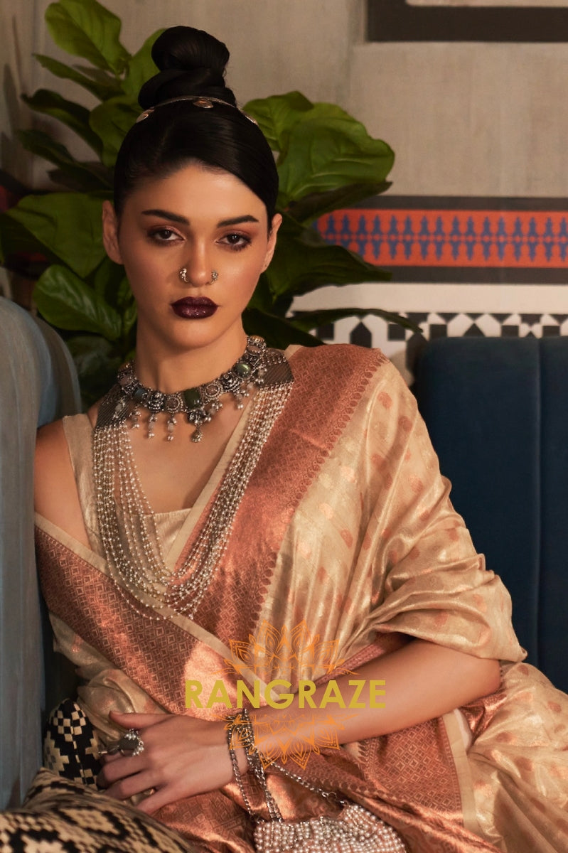 Mystic Golden Beige Banarasi Tissue Woven Silk Saree