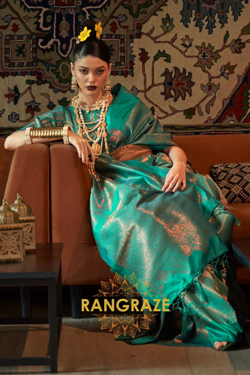 Majestic Turquoise Green Woven Banarasi Brocade Silk Saree