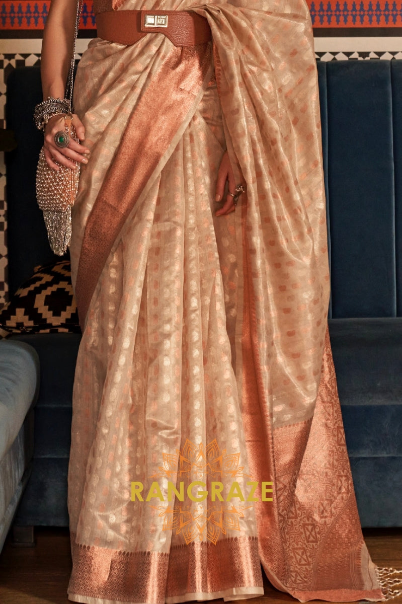 Mystic Golden Beige Banarasi Tissue Woven Silk Saree