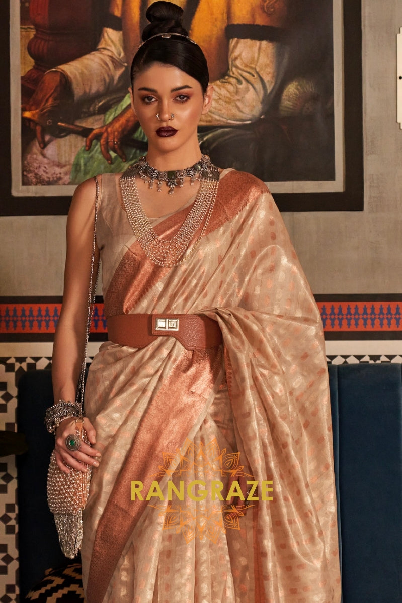 Mystic Golden Beige Banarasi Tissue Woven Silk Saree