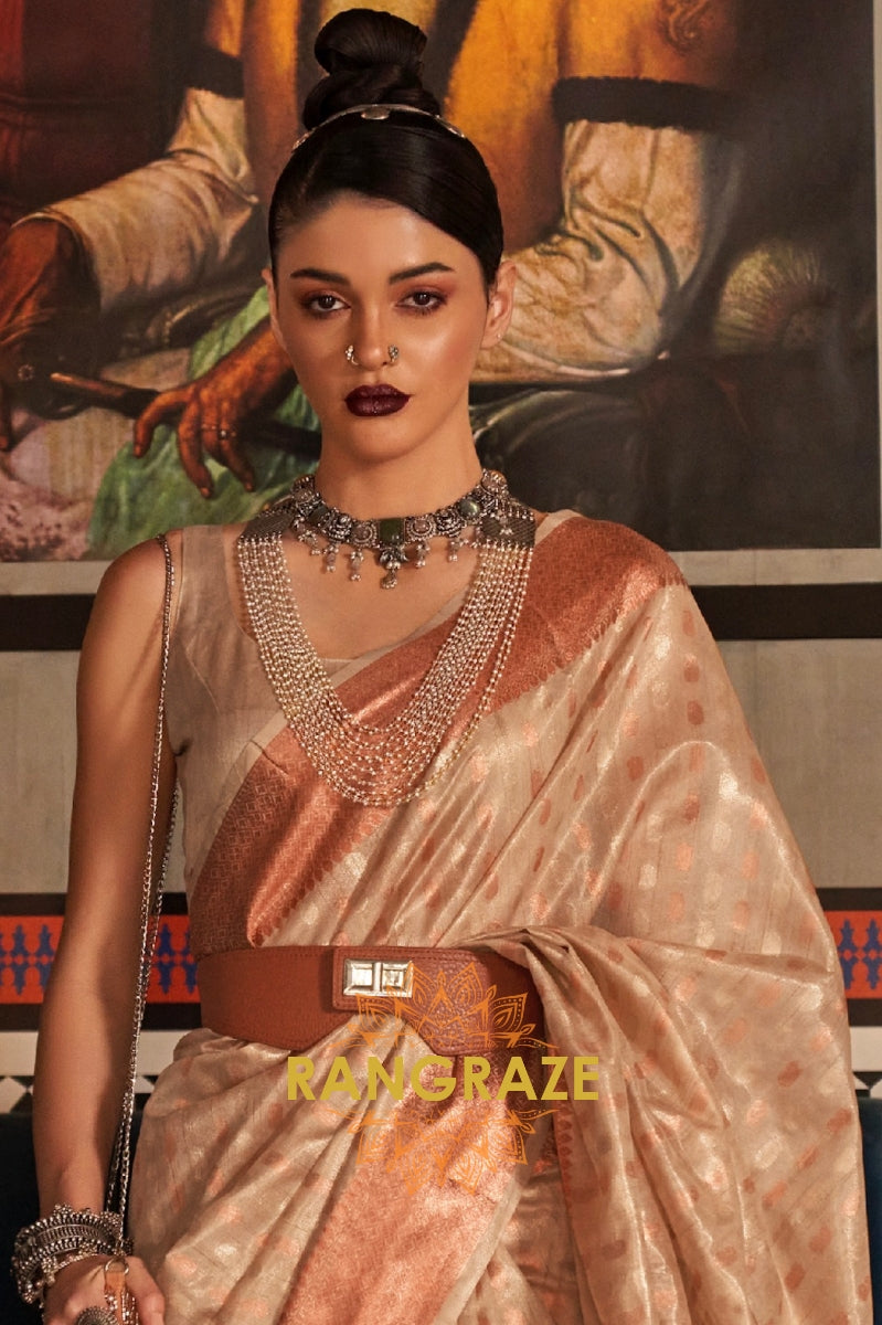 Mystic Golden Beige Banarasi Tissue Woven Silk Saree