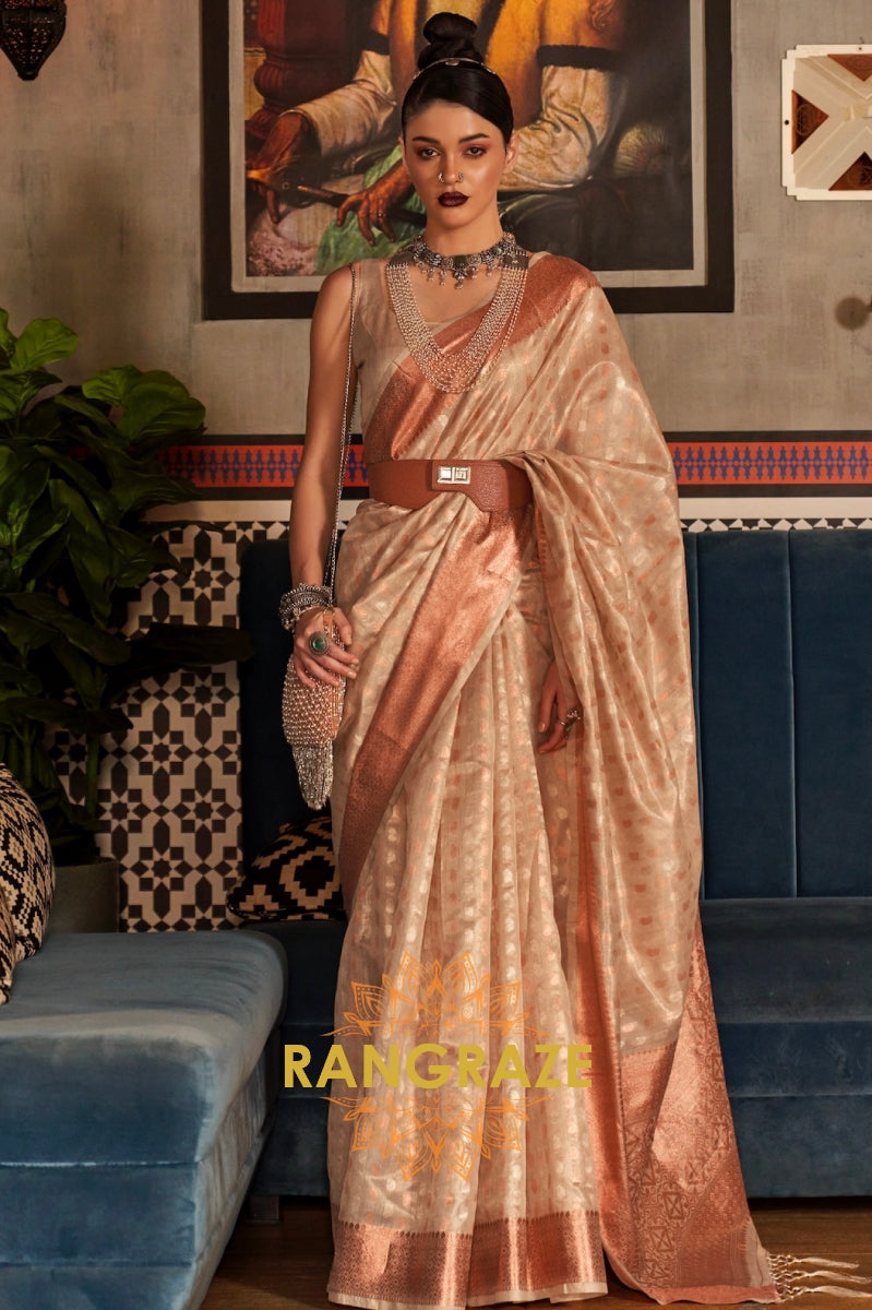 Mystic Golden Beige Banarasi Tissue Woven Silk Saree