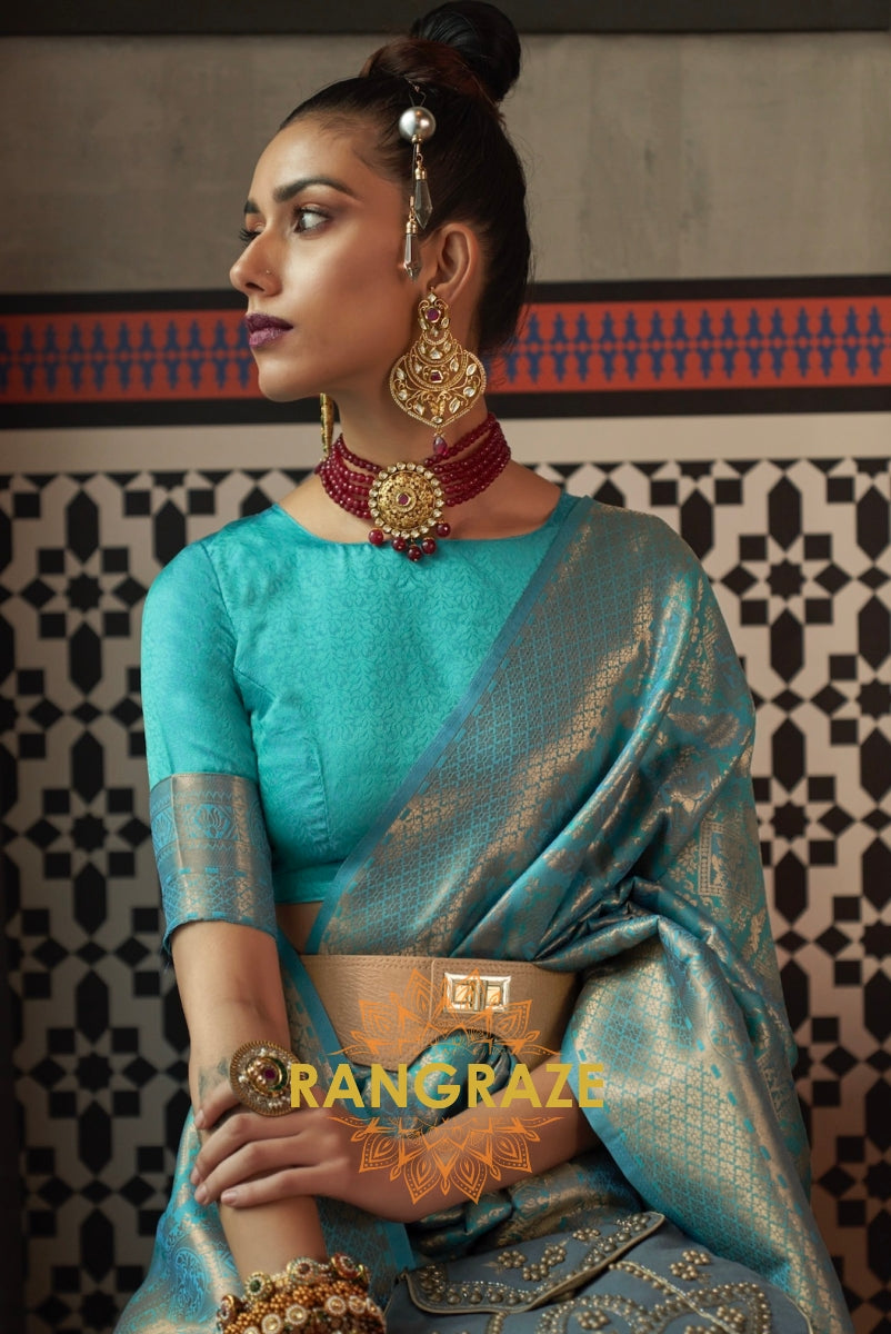 Royal Turquoise Woven Kanjivaram Brocade Silk Saree