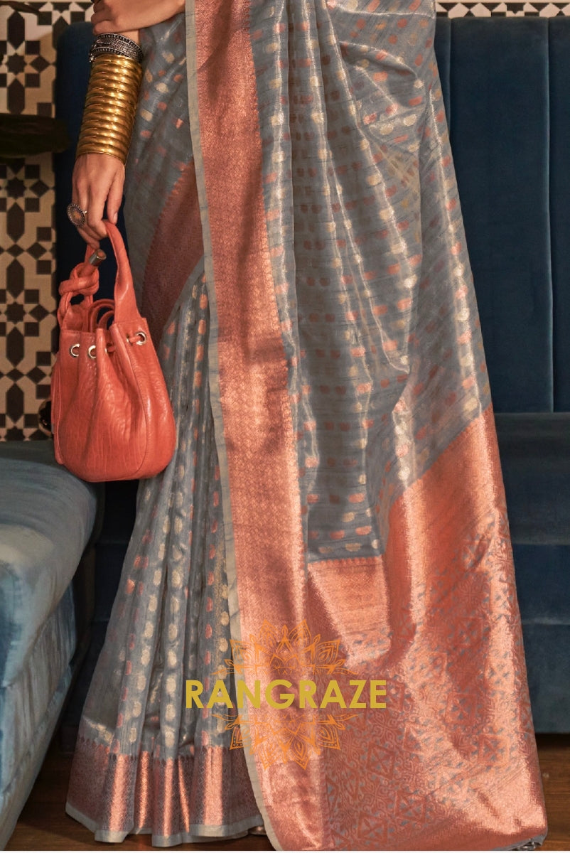 Mystic Silver Green Banarasi Tissue Woven Silk Saree