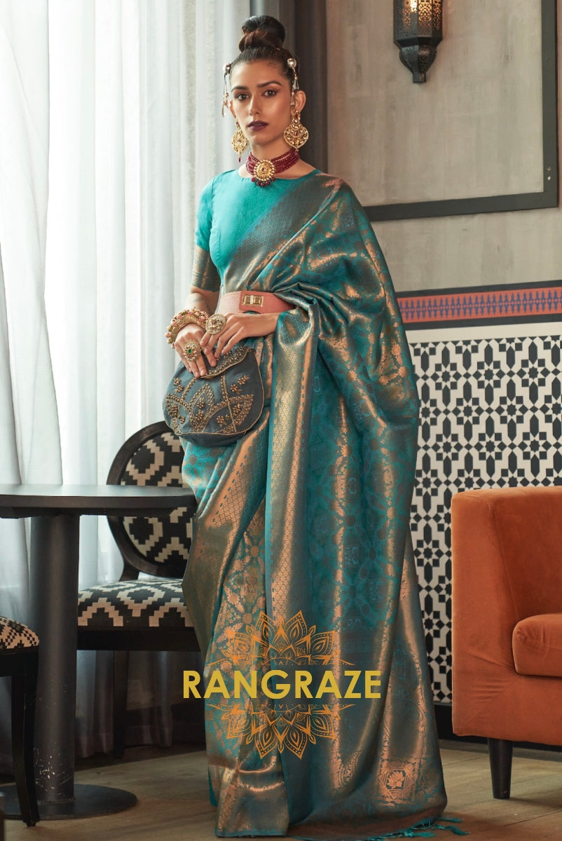 Royal Turquoise Woven Kanjivaram Brocade Silk Saree