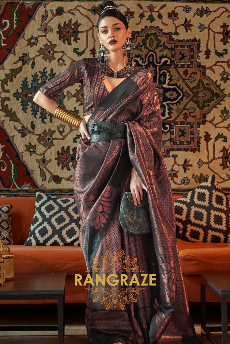 Majestic Golden Black Woven Banarasi Brocade Silk Saree