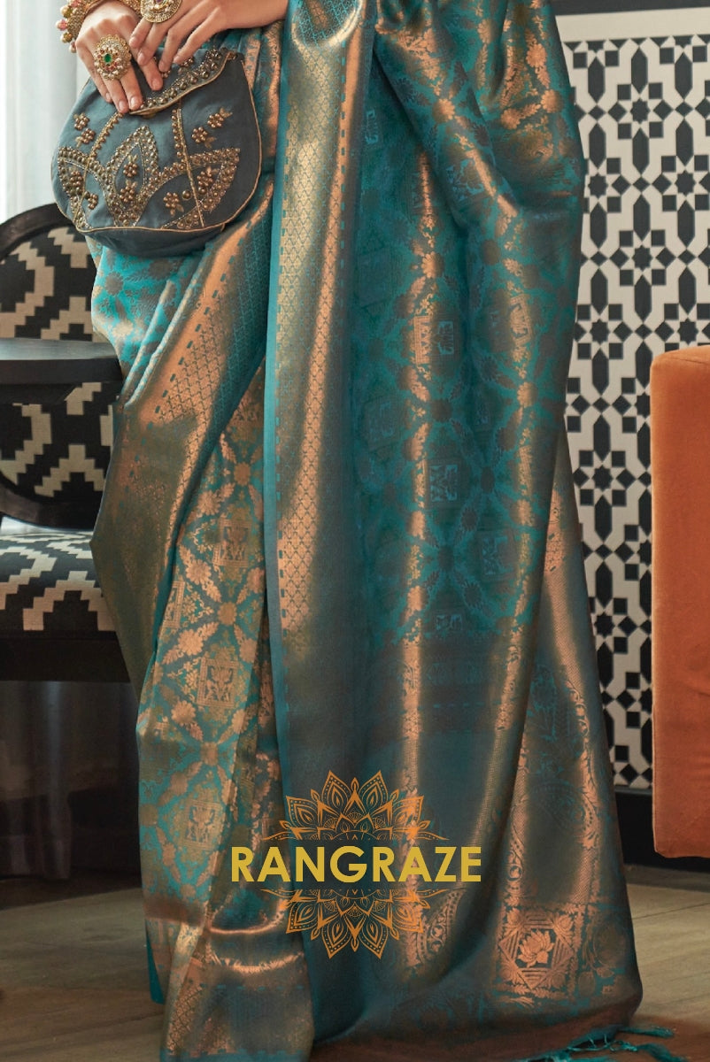 Royal Turquoise Woven Kanjivaram Brocade Silk Saree