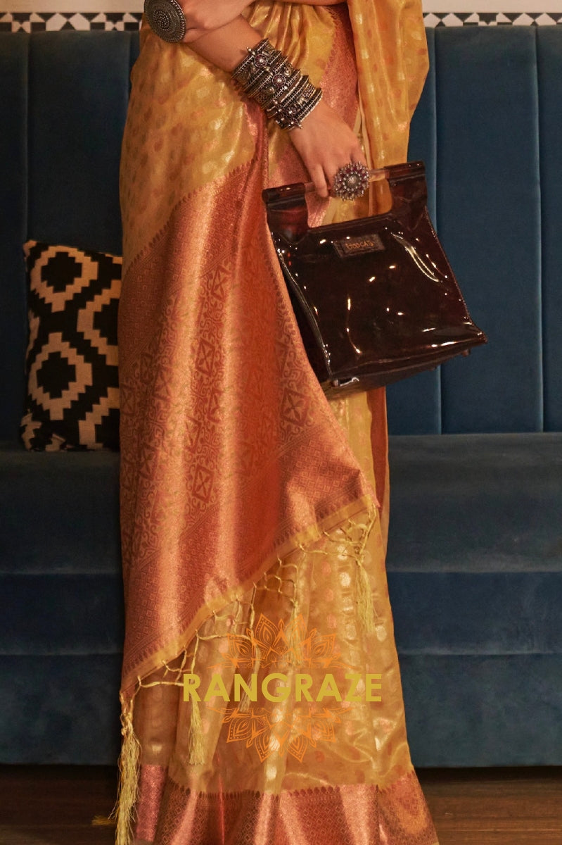 Mystic Golden Yellow Banarasi Tissue Woven Silk Saree