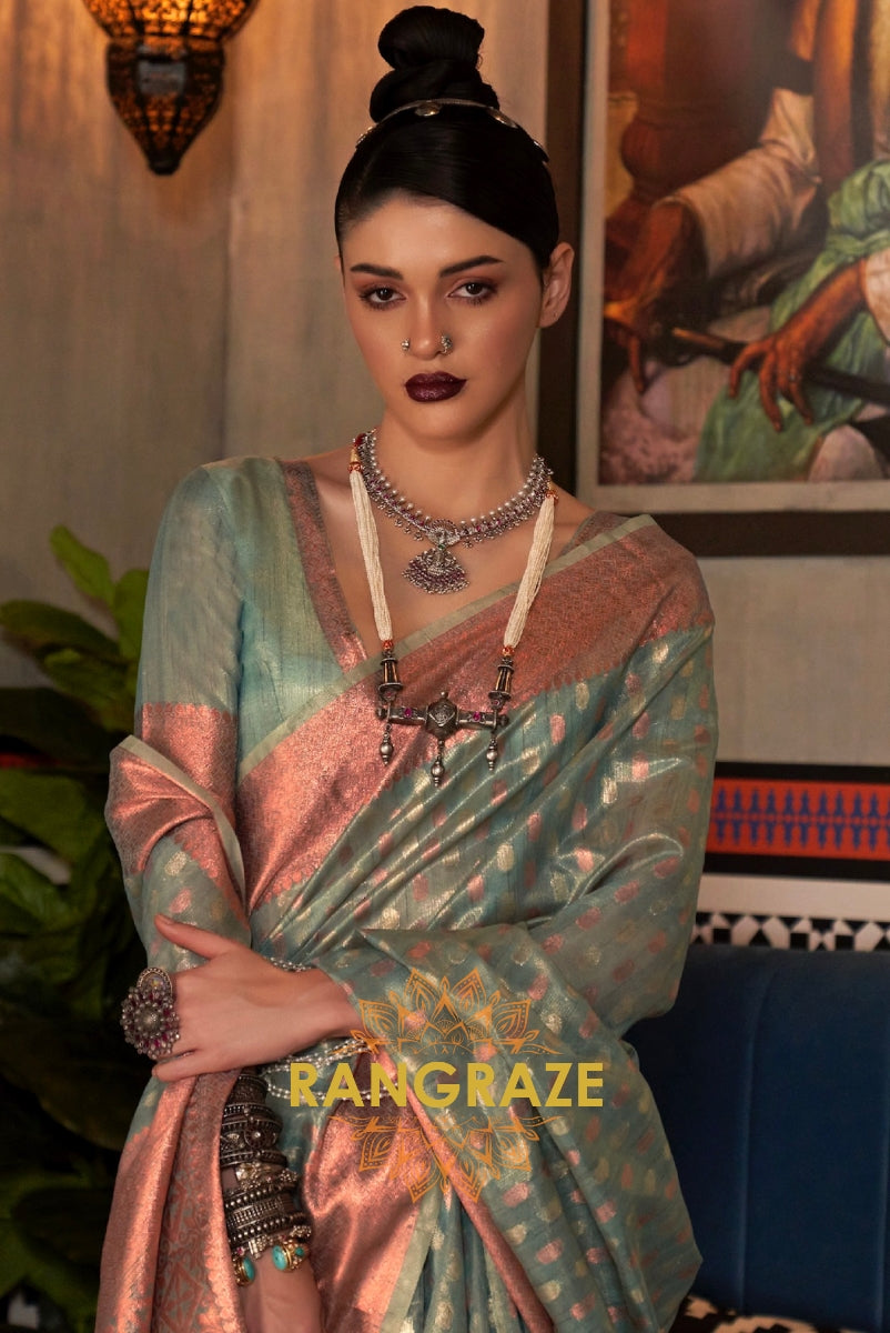 Mystic Metal Green Banarasi Tissue Woven Silk Saree