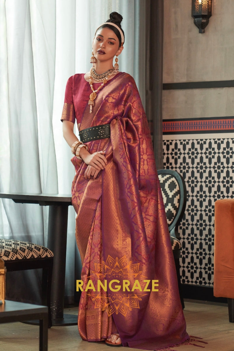 Royal Maroon Woven Kanjivaram Brocade Silk Saree