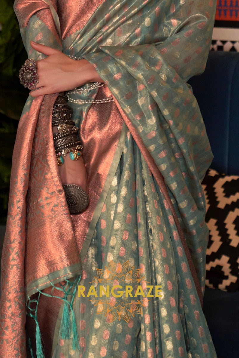 Mystic Metal Green Banarasi Tissue Woven Silk Saree